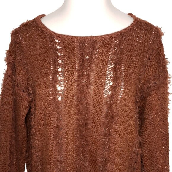 Amuse Juniors Brown Knit Sweater L Boho Fringed Lightweight Open Knit Womens - Picture 2 of 6